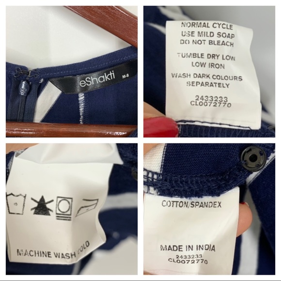 EShakti Asymmetrical White Striped Navy Cotton Spandex Flared Dress W/ Sleeves - Picture 14 of 16